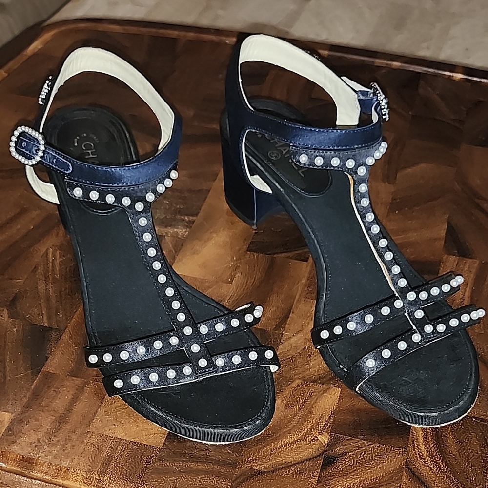 CHANEL Black and Blue Heels with Chunky Design